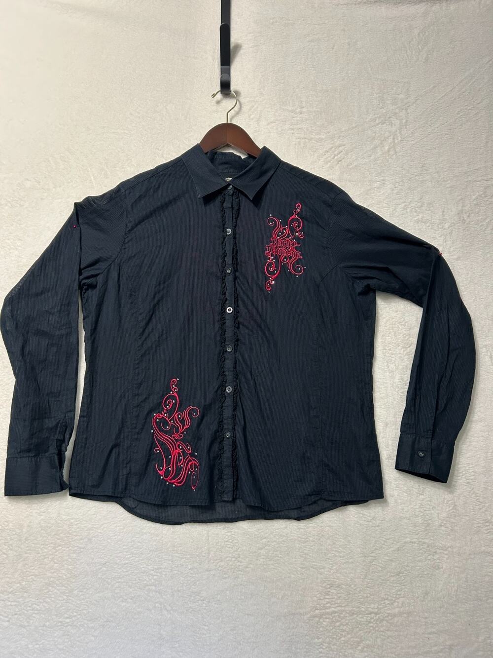 Harley Davidson Womens XL Black Button Up Shirt Pink Embroidered Rhinestone